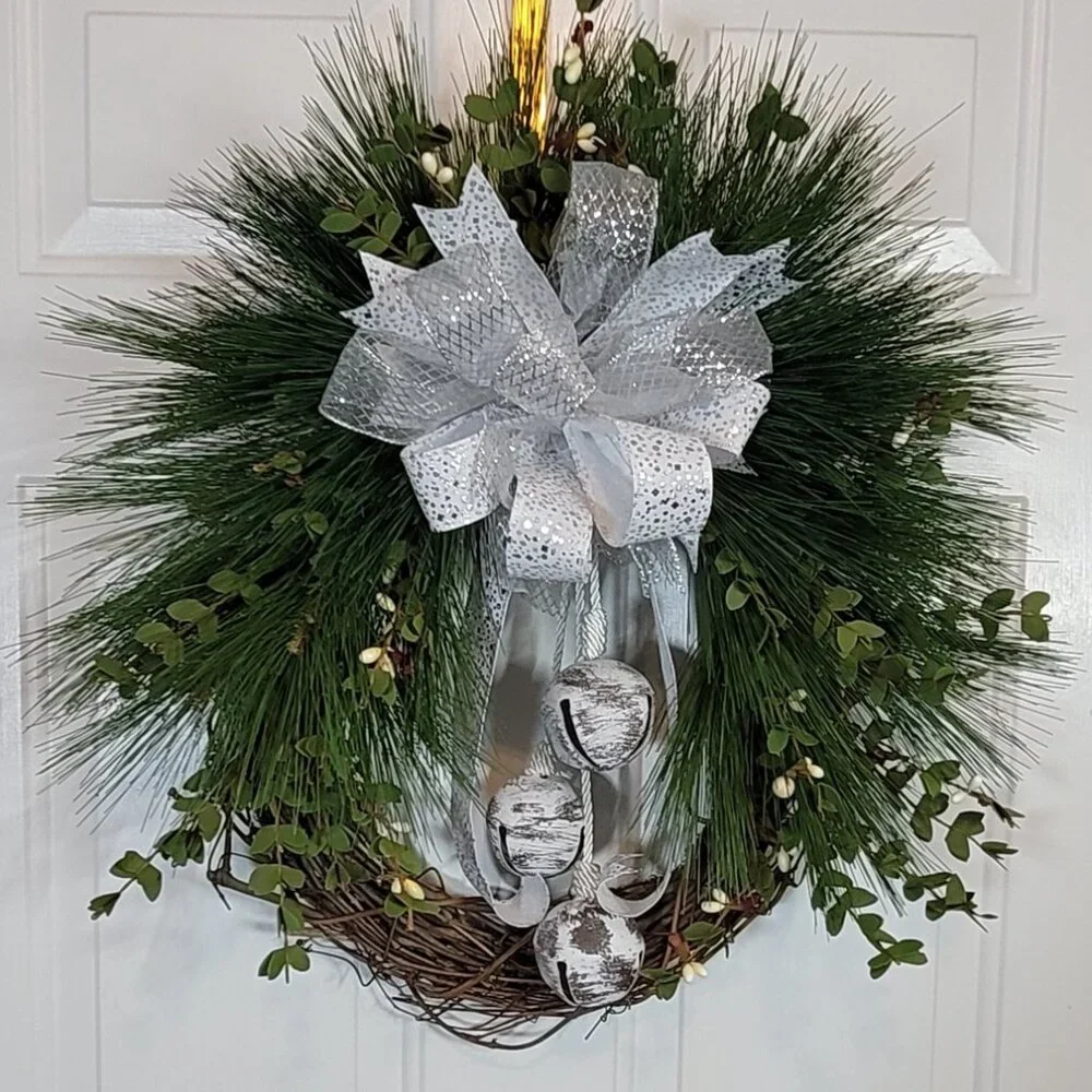 White Bells, White Berries, Pine Wreath, Winter Holiday Wreath, Hand Crafted